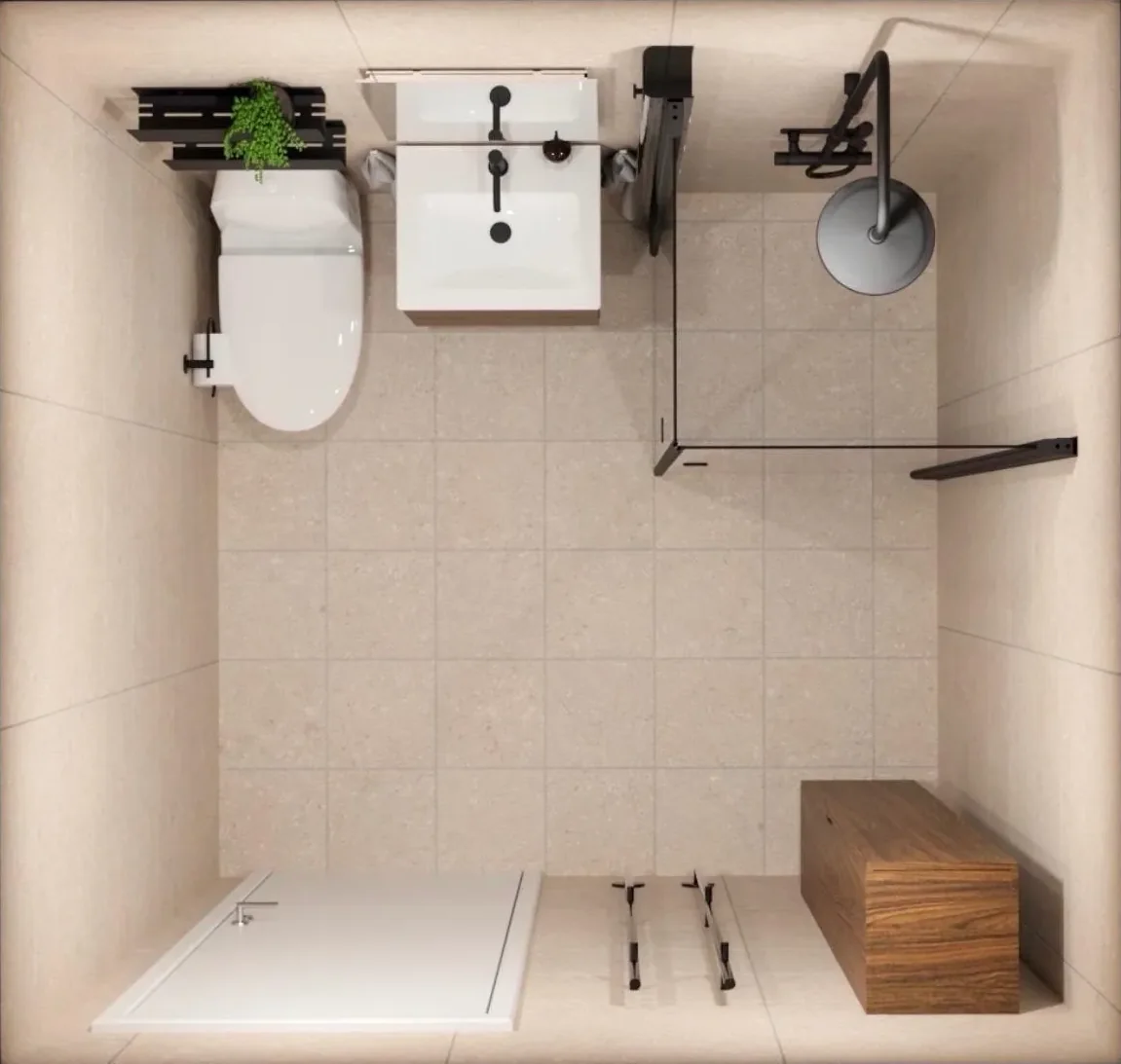 Planritning i 3D av ett badrum sett ovanifrån med toalett, handfat, dusch och bänk